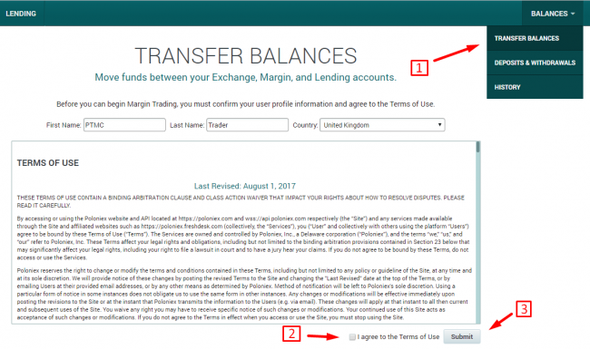 Accept terms of use on Poloniex exchange