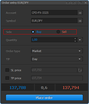 In order to send the needed order type in the Protrader terminal you should open “Order entry” window and choose one of the two order types Buy or Sell