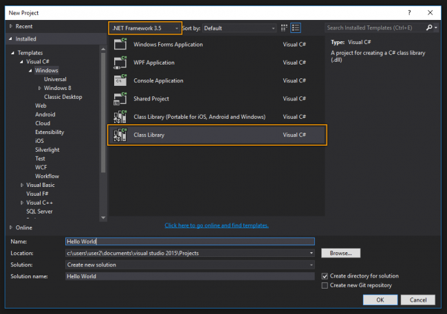 Set up the coding environment. Select "Class Library" from drop-down list.