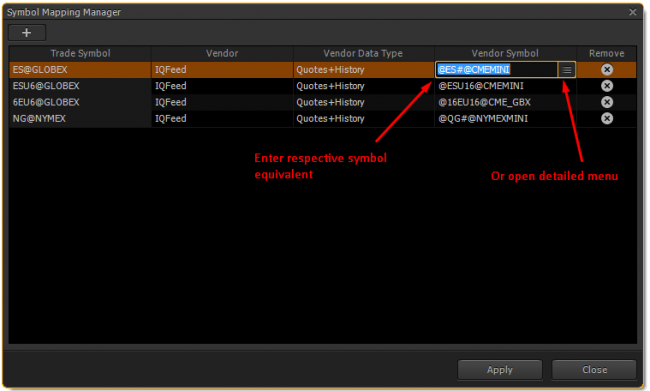 Symbol Mapping Manager window 